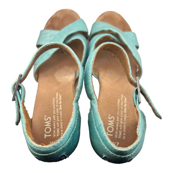 Toms Platform Wedge Turquoise Iridescent Cork Wedge Sandals shoes sz 8.5W - Picture 3 of 9